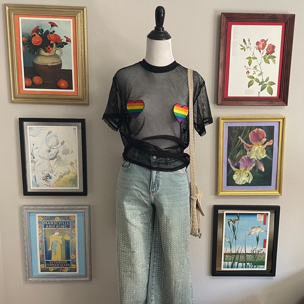 Black Mesh Short-Sleeve Crop Top with Rainbow Heart Details